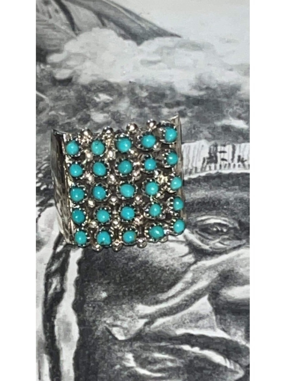 Zuni sterling silver turquoise snake eye 5 row traditional ring size 9 -Stephan